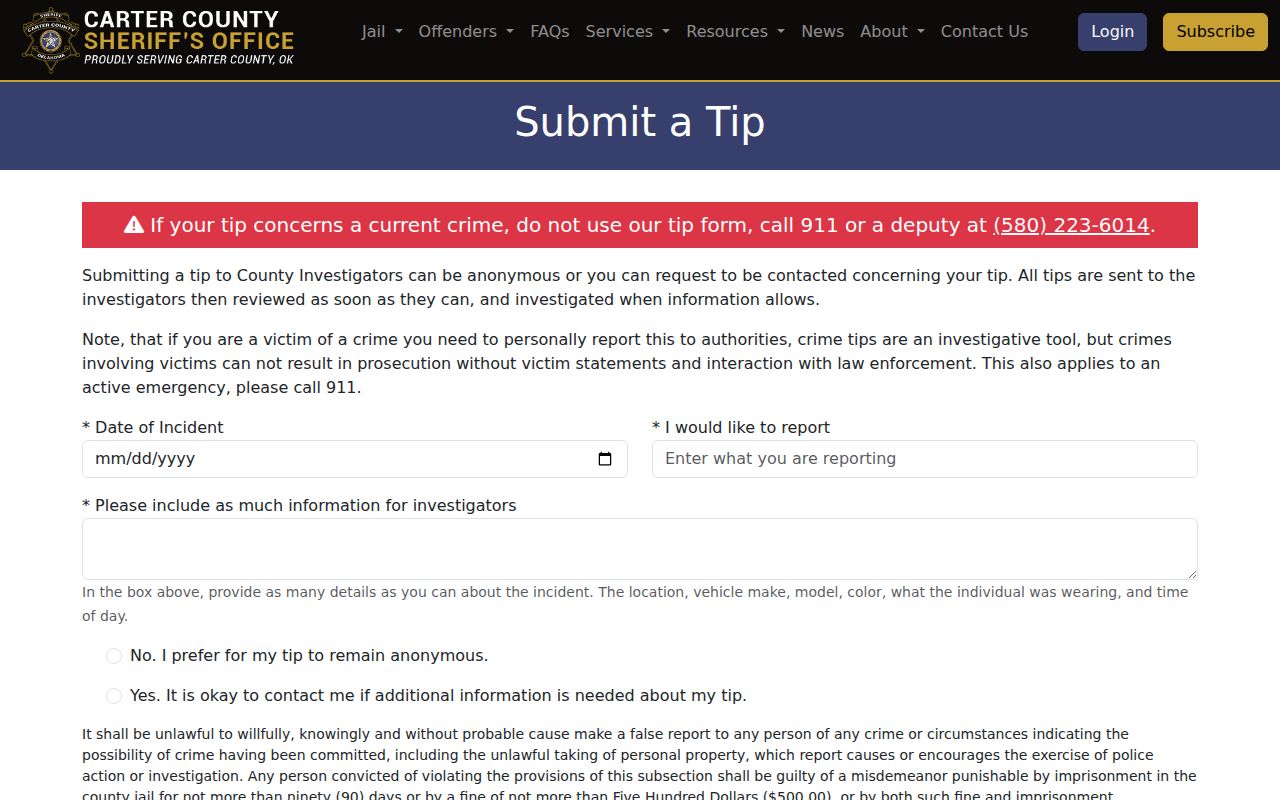 Carter County warrant search anonymous tip form distinction