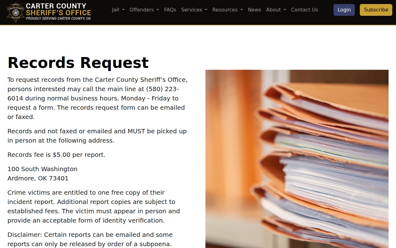 Carter County warrant records Sheriff report fee and request source